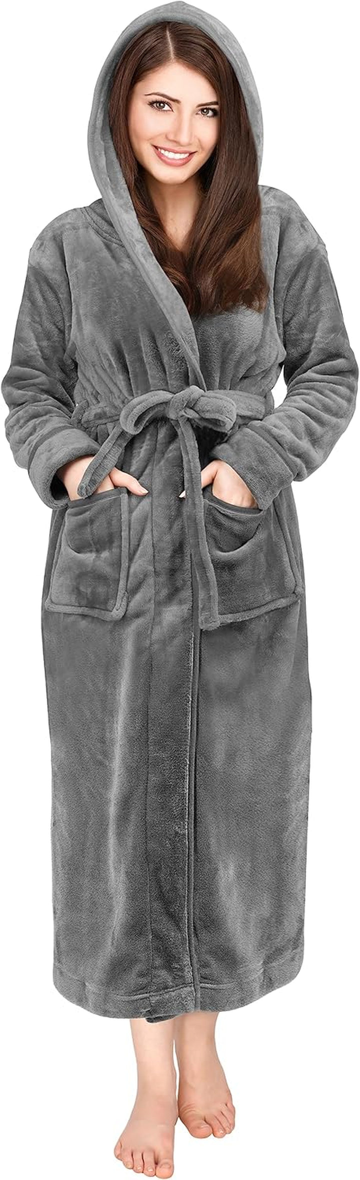 Women'S Fleece Hooded Bathrobe Plush Long Spa Robe