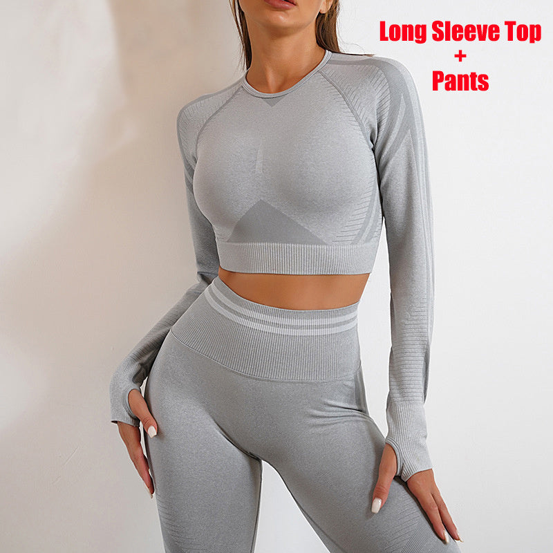 Long-Sleeved Yoga Top Slim Fitted Trousers Fitness Top Knitting Yoga Clothin