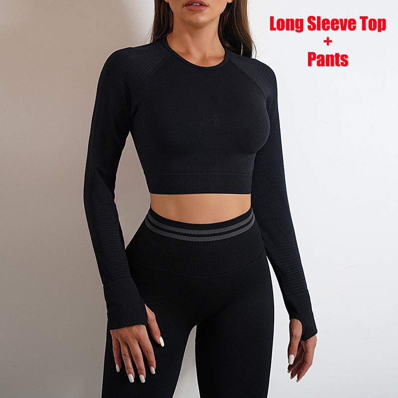 Long-Sleeved Yoga Top Slim Fitted Trousers Fitness Top Knitting Yoga Clothin