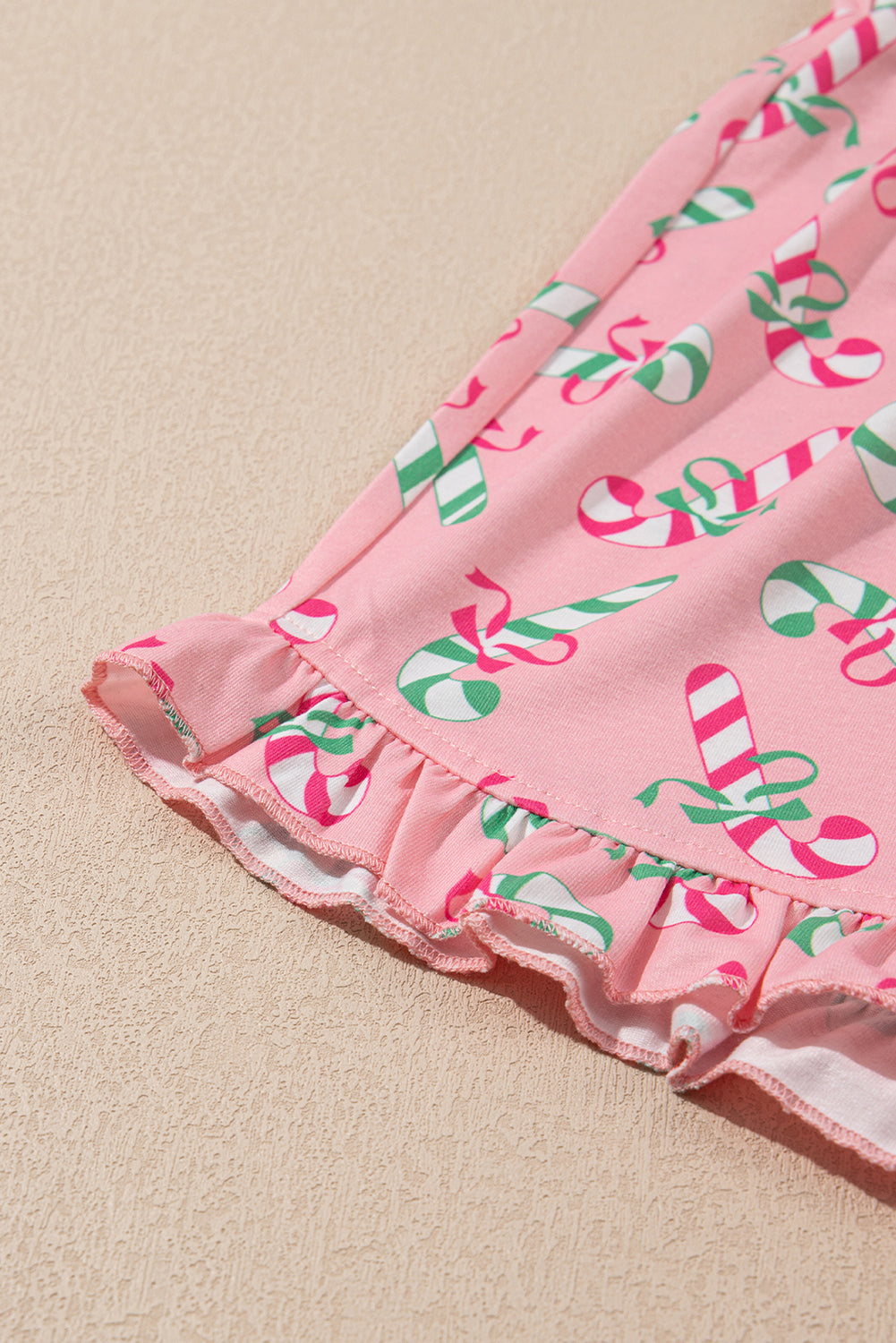 Pink Christmas Candy Cane Print Pocketed Knotted Pajama Set