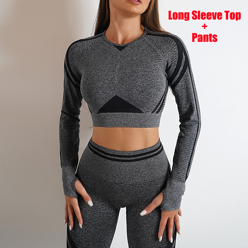 Long-Sleeved Yoga Top Slim Fitted Trousers Fitness Top Knitting Yoga Clothin