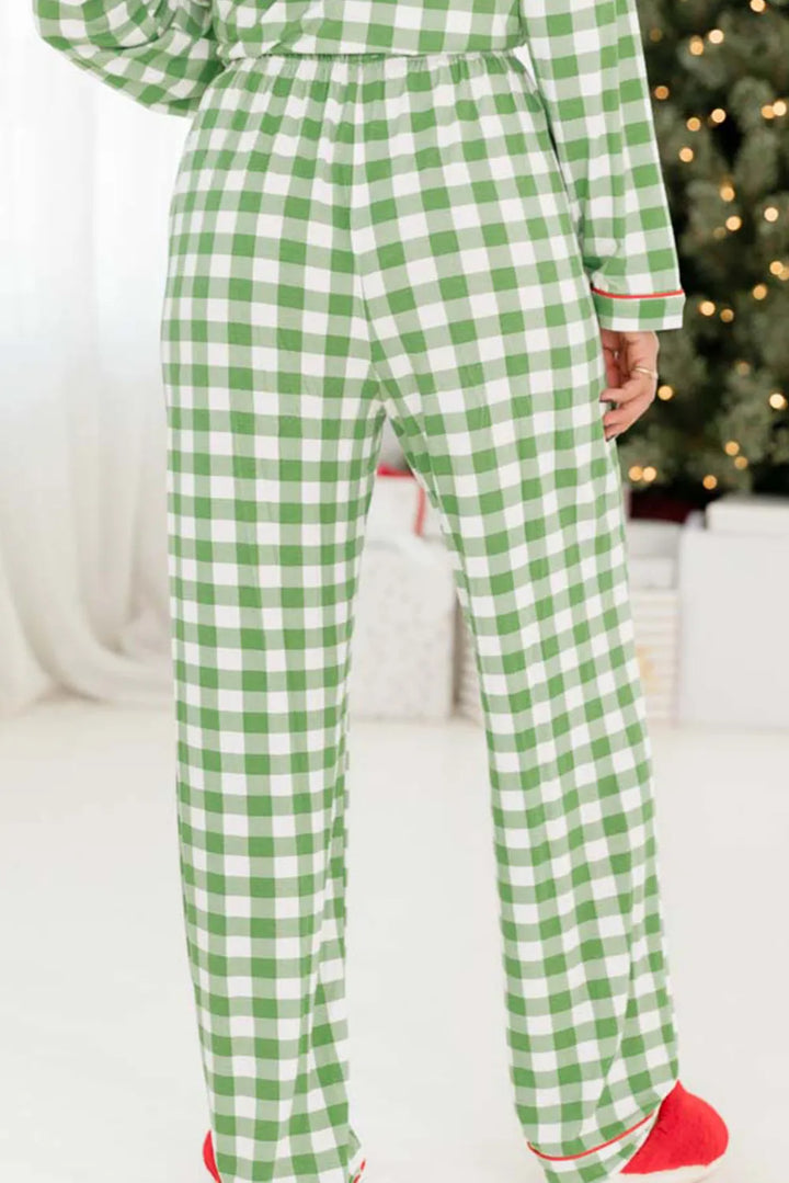 Light Green Christmas Plaid Print Shirt and Pants Pajama Set