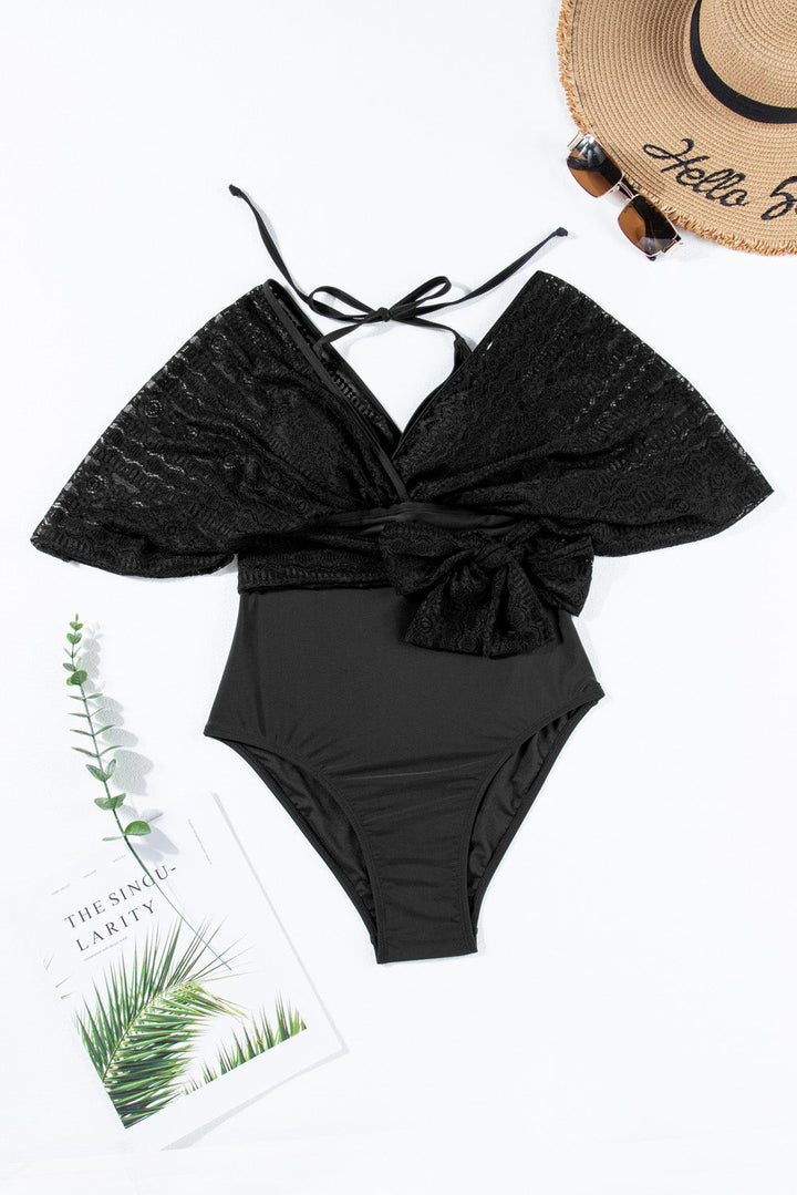 Tied Lace Detail V-Neck Half Sleeve One-Piece Swimsuit