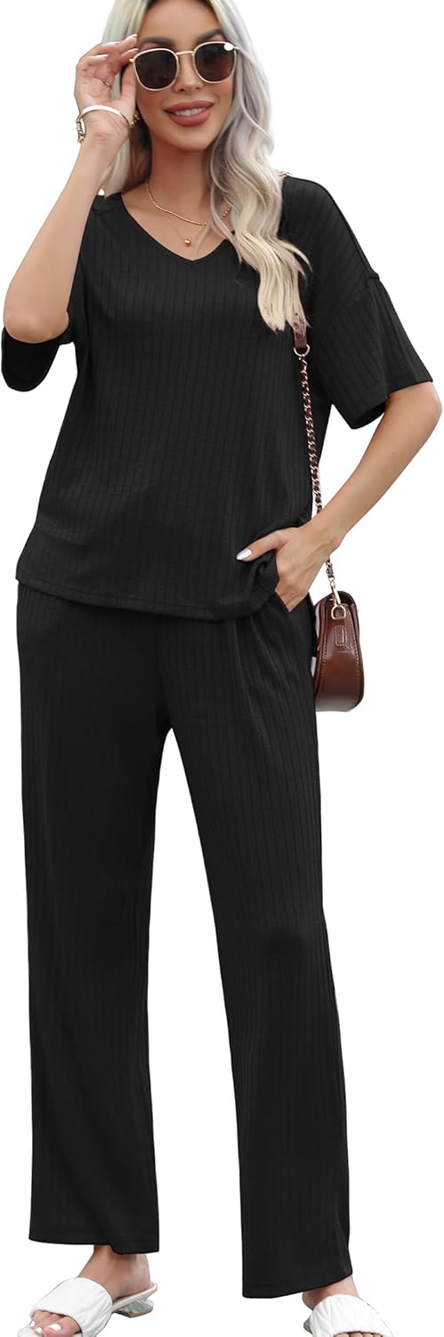 Cozy Ribbed Knit Pajama Set: Short Sleeve Top and Pants with Pockets