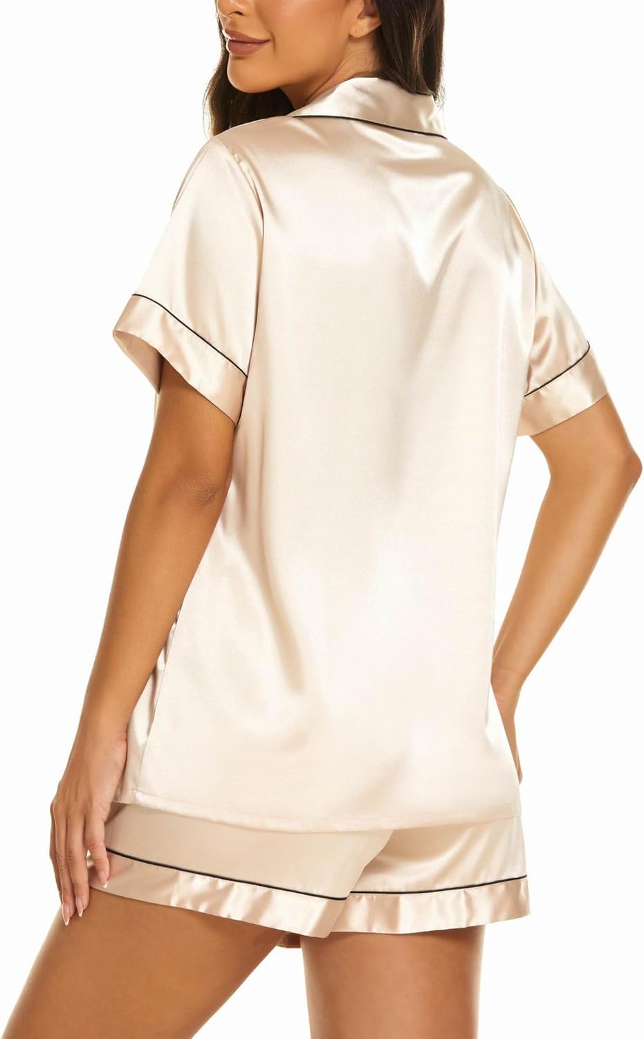 "Satin Silk Short Sleeve Pajama Set - Button Down Top & Shorts Sleepwear"