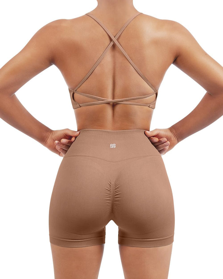 Elevate Your Workout: Women’s Seamless Strappy Sports Bra & High Waist Booty Shorts Set