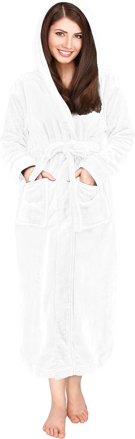 Women'S Fleece Hooded Bathrobe Plush Long Spa Robe