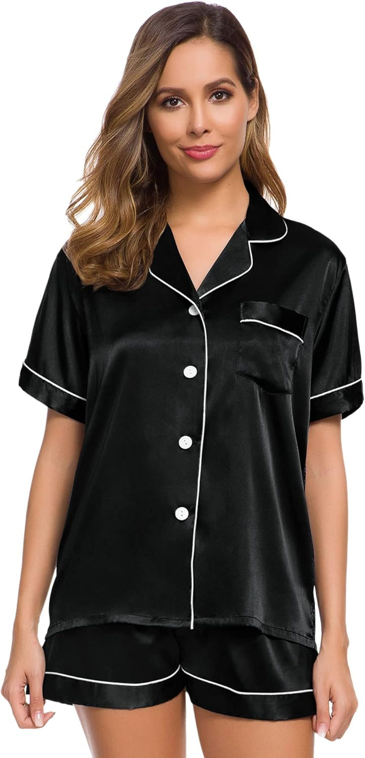 Silk Satin Button-Down Pajama Set for Women - Short Sleeve Loungewear