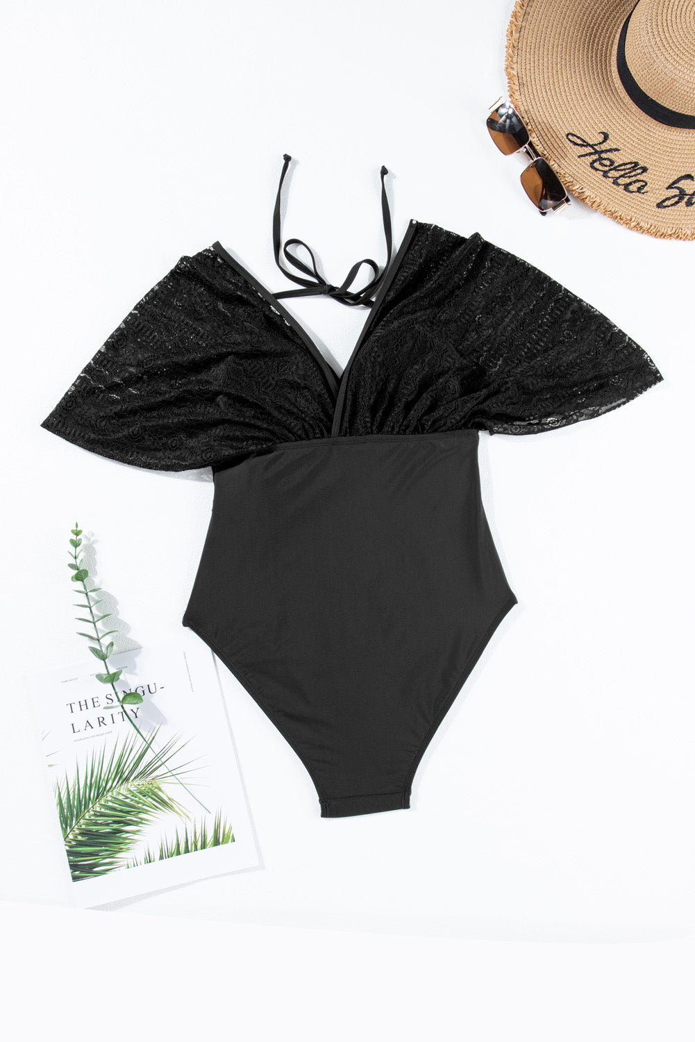 Tied Lace Detail V-Neck Half Sleeve One-Piece Swimsuit