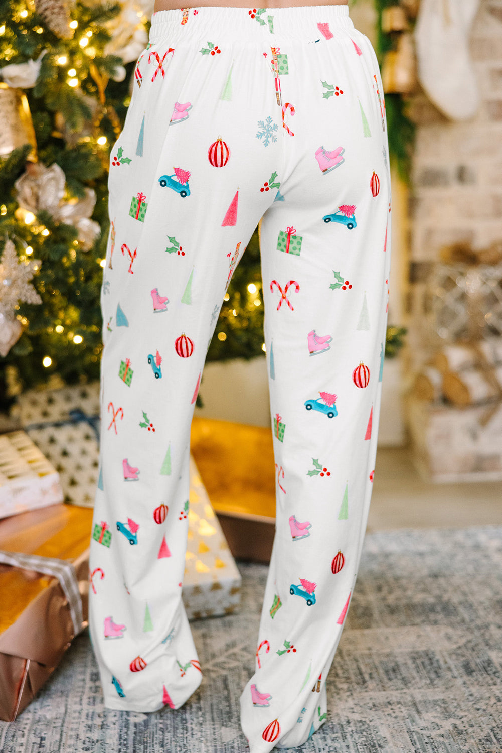 White Christmas Print Lapel Shirt and Pants Sleepwear