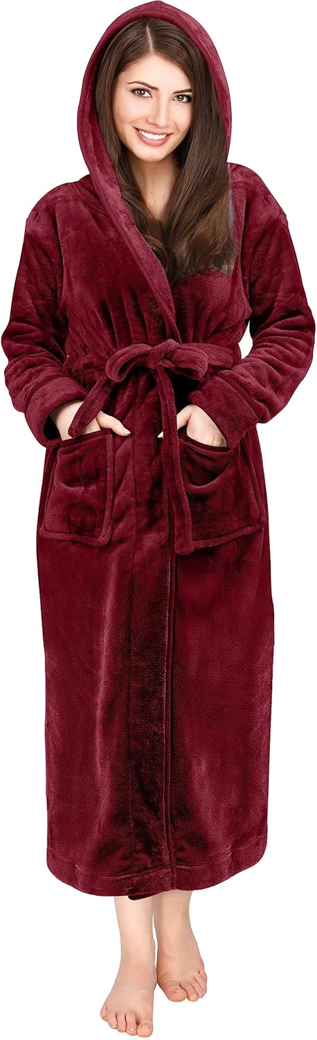 Women'S Fleece Hooded Bathrobe Plush Long Spa Robe