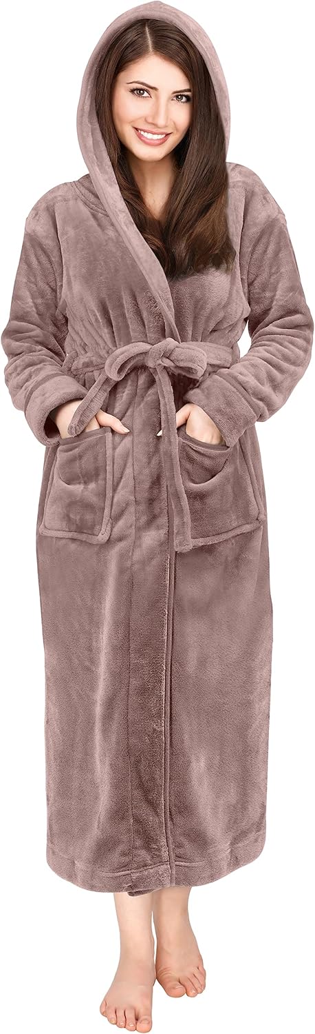 Women'S Fleece Hooded Bathrobe Plush Long Spa Robe