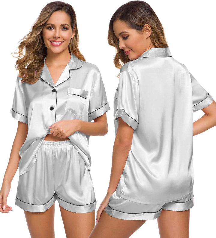 Silk Satin Button-Down Pajama Set for Women - Short Sleeve Loungewear