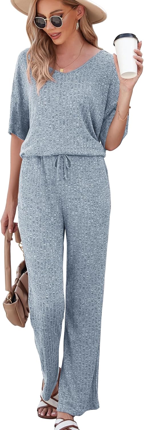 Cozy Ribbed Knit Pajama Set: Short Sleeve Top and Pants with Pockets