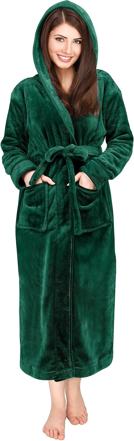 Women'S Fleece Hooded Bathrobe Plush Long Spa Robe