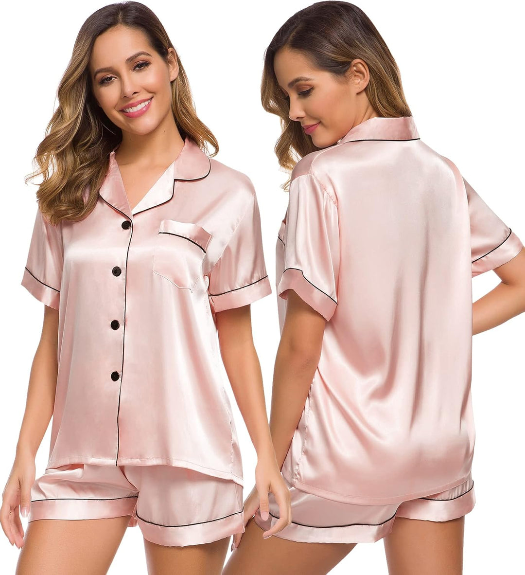 Silk Satin Button-Down Pajama Set for Women - Short Sleeve Loungewear