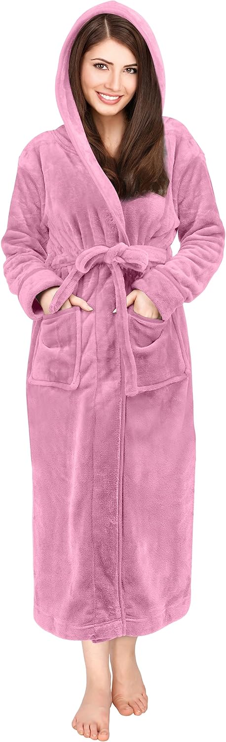 Women'S Fleece Hooded Bathrobe Plush Long Spa Robe