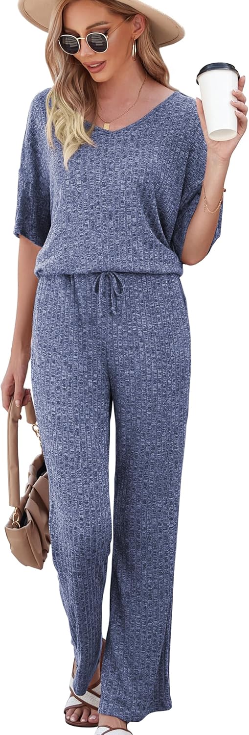 Cozy Ribbed Knit Pajama Set: Short Sleeve Top and Pants with Pockets