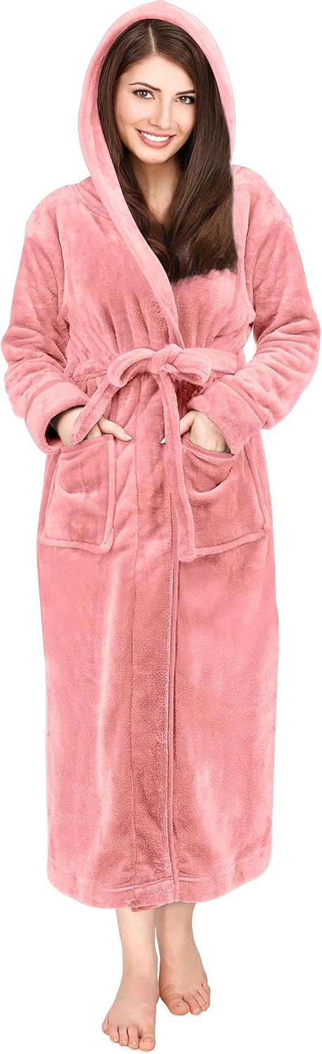 Women'S Fleece Hooded Bathrobe Plush Long Spa Robe