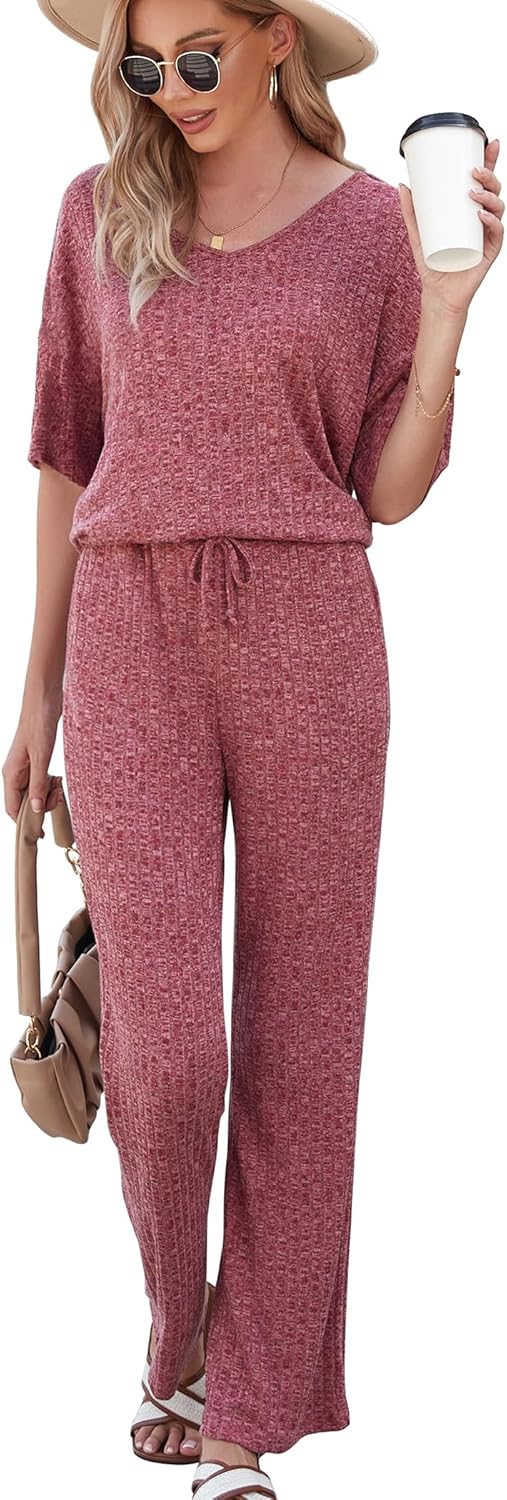 Cozy Ribbed Knit Pajama Set: Short Sleeve Top and Pants with Pockets