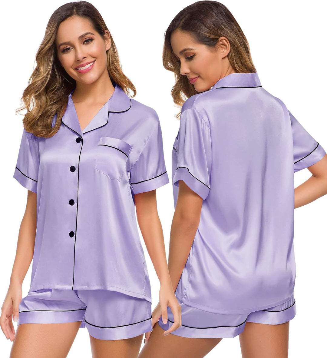 Silk Satin Button-Down Pajama Set for Women - Short Sleeve Loungewear