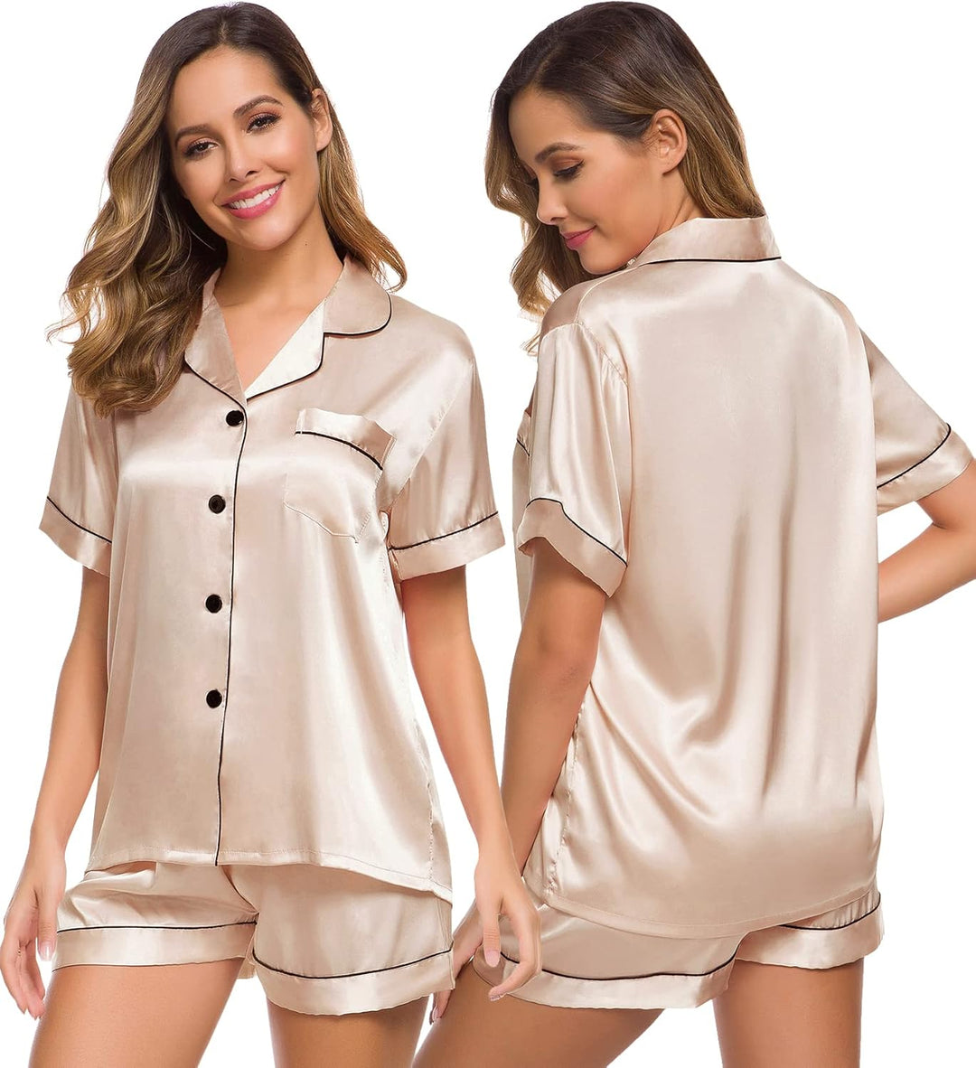 Silk Satin Button-Down Pajama Set for Women - Short Sleeve Loungewear