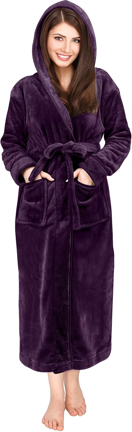 Women'S Fleece Hooded Bathrobe Plush Long Spa Robe