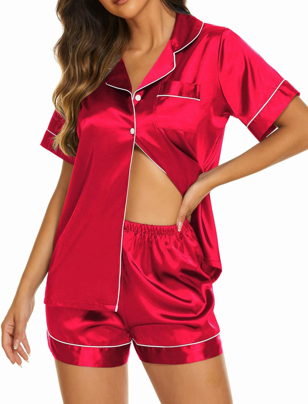 "Satin Silk Short Sleeve Pajama Set - Button Down Top & Shorts Sleepwear"