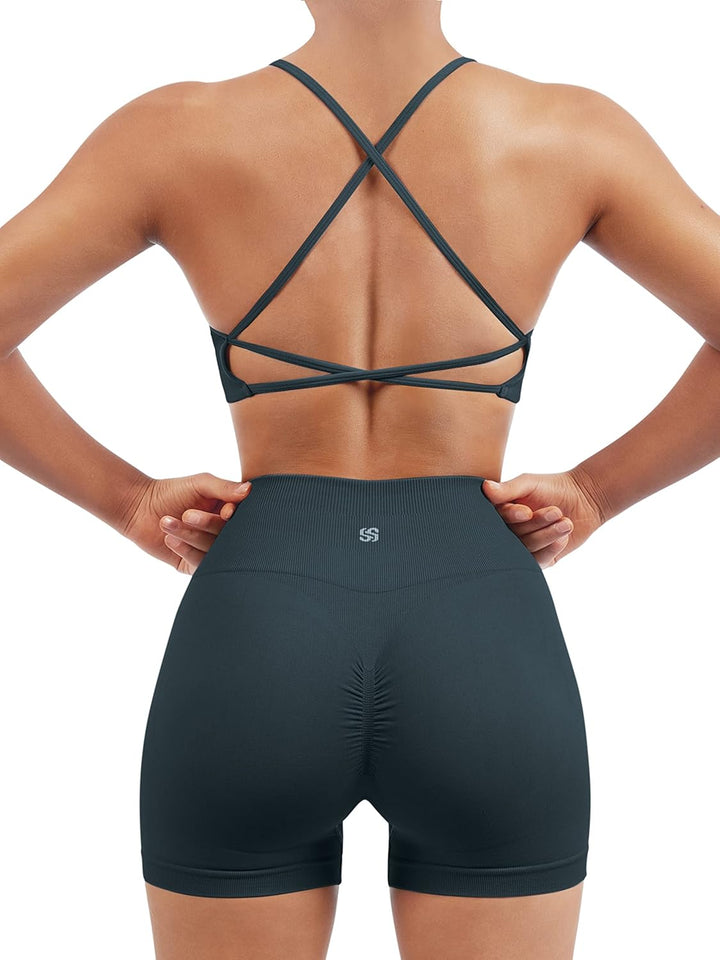 Elevate Your Workout: Women’s Seamless Strappy Sports Bra & High Waist Booty Shorts Set