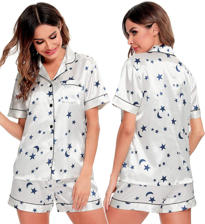 Silk Satin Button-Down Pajama Set for Women - Short Sleeve Loungewear