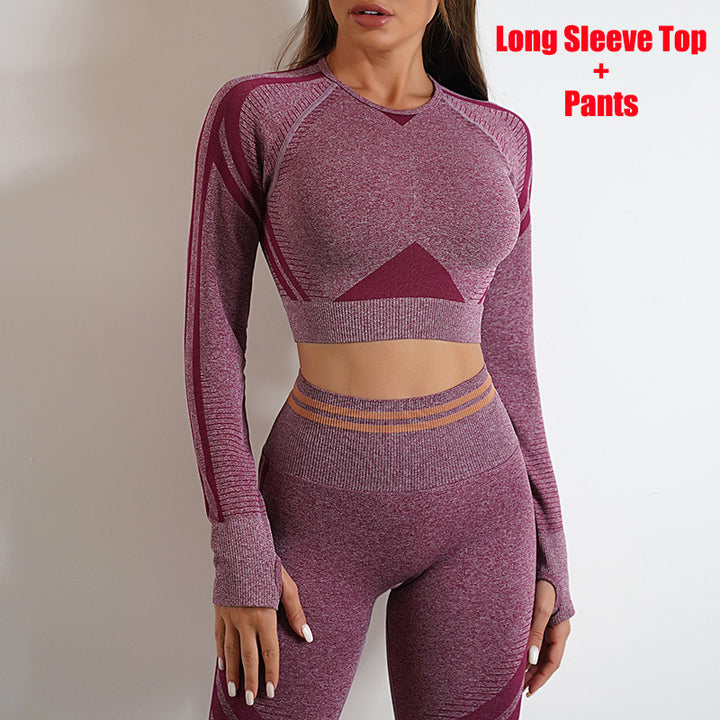 Long-Sleeved Yoga Top Slim Fitted Trousers Fitness Top Knitting Yoga Clothin