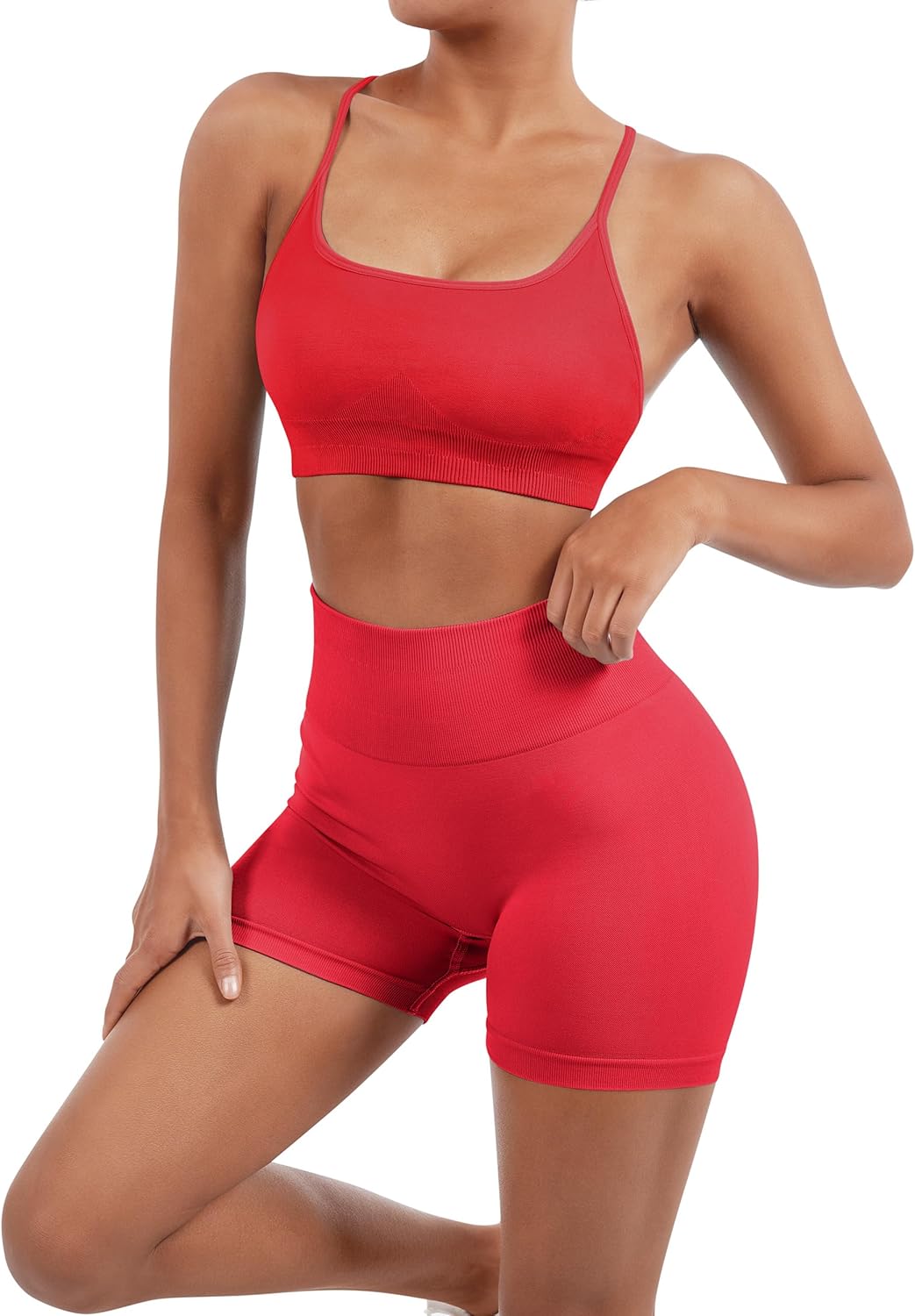 Elevate Your Workout: Women’s Seamless Strappy Sports Bra & High Waist Booty Shorts Set