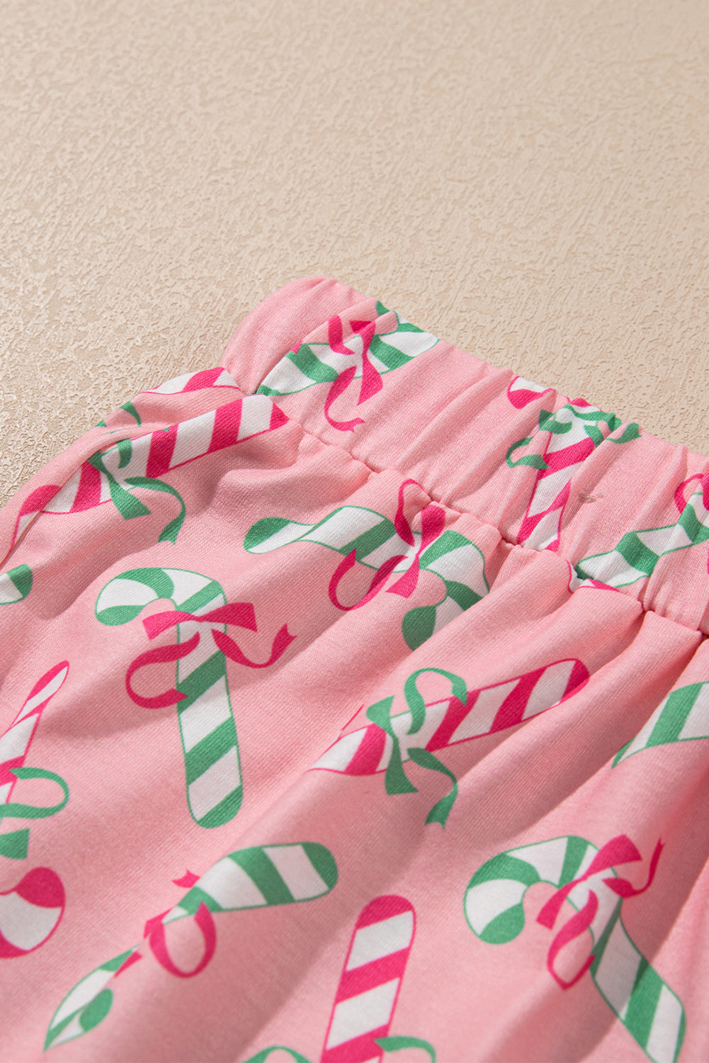 Pink Christmas Candy Cane Print Pocketed Knotted Pajama Set