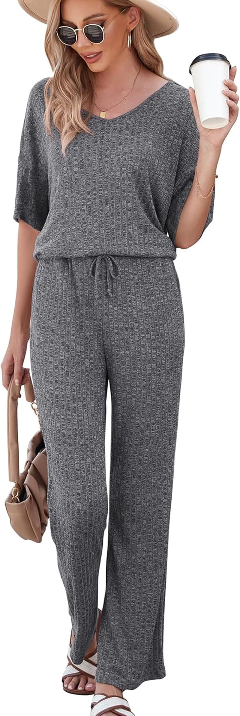 Cozy Ribbed Knit Pajama Set: Short Sleeve Top and Pants with Pockets