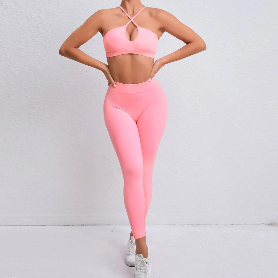 Adoring - Set: Criss Cross Strap Plain Sports Bra + Yoga Pants