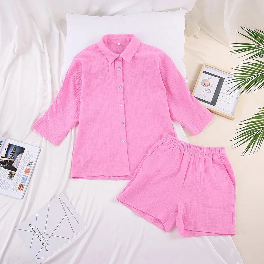 Sunset Vacation texture buttoned shirt and shorts set