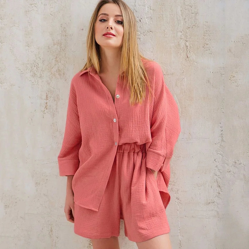 Sunset Vacation texture buttoned shirt and shorts set