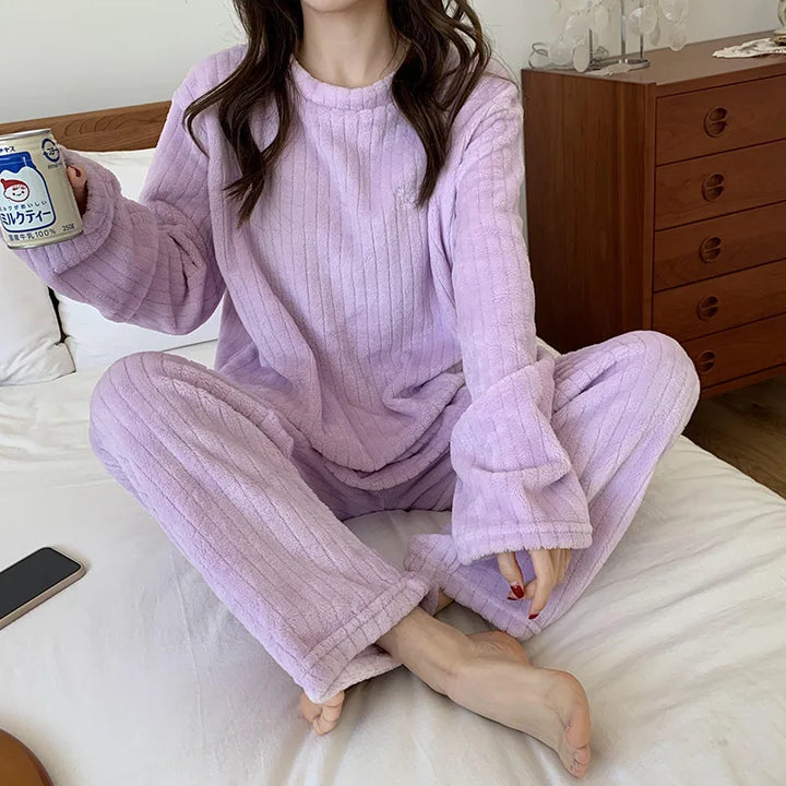 Winter Women Plain Pajama Sets Thickened Sleepwear Set