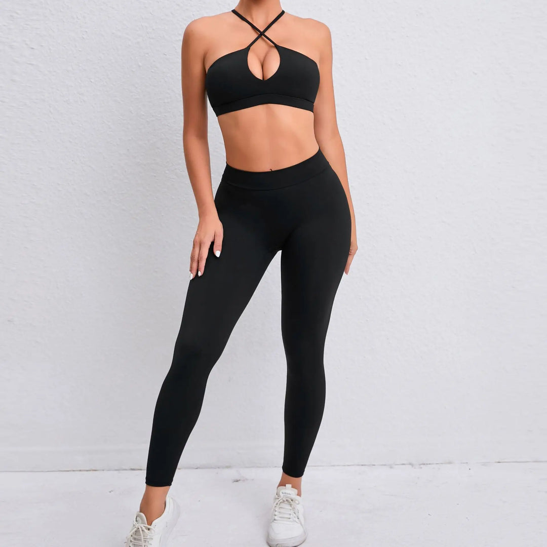 Adoring - Set: Criss Cross Strap Plain Sports Bra + Yoga Pants