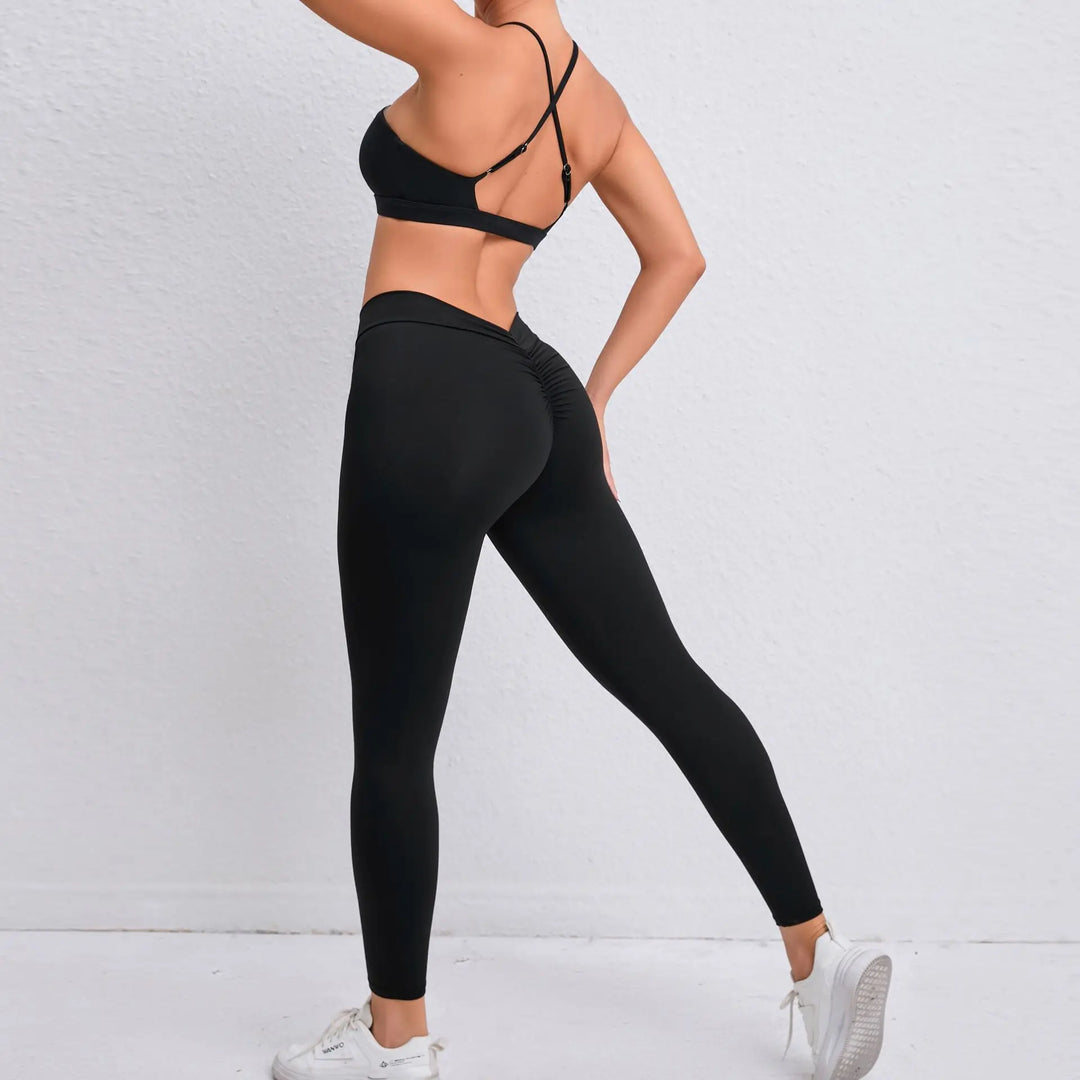 Adoring - Set: Criss Cross Strap Plain Sports Bra + Yoga Pants