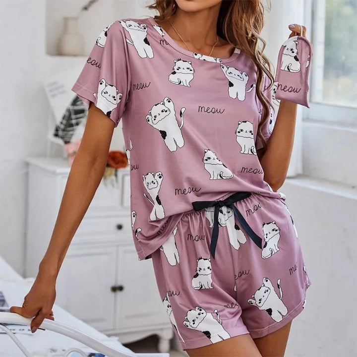 Dinosaur Print Pajama Set With Eye Mask