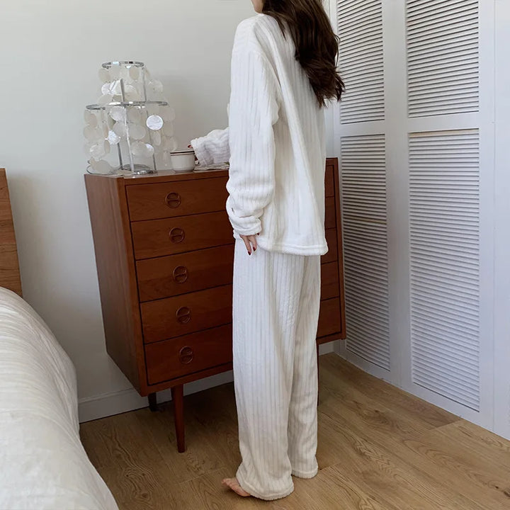 Winter Women Plain Pajama Sets Thickened Sleepwear Set