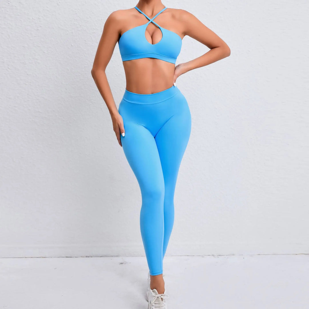 Adoring - Set: Criss Cross Strap Plain Sports Bra + Yoga Pants