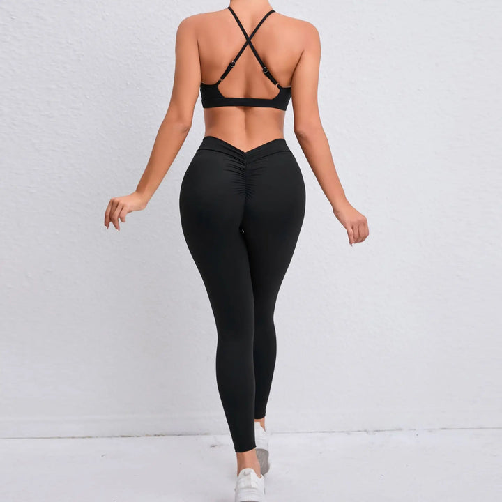 Adoring - Set: Criss Cross Strap Plain Sports Bra + Yoga Pants