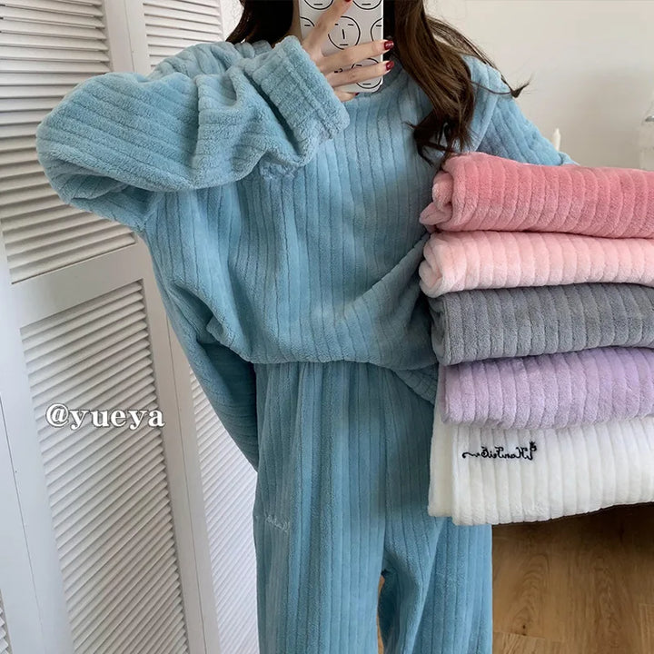 Winter Women Plain Pajama Sets Thickened Sleepwear Set