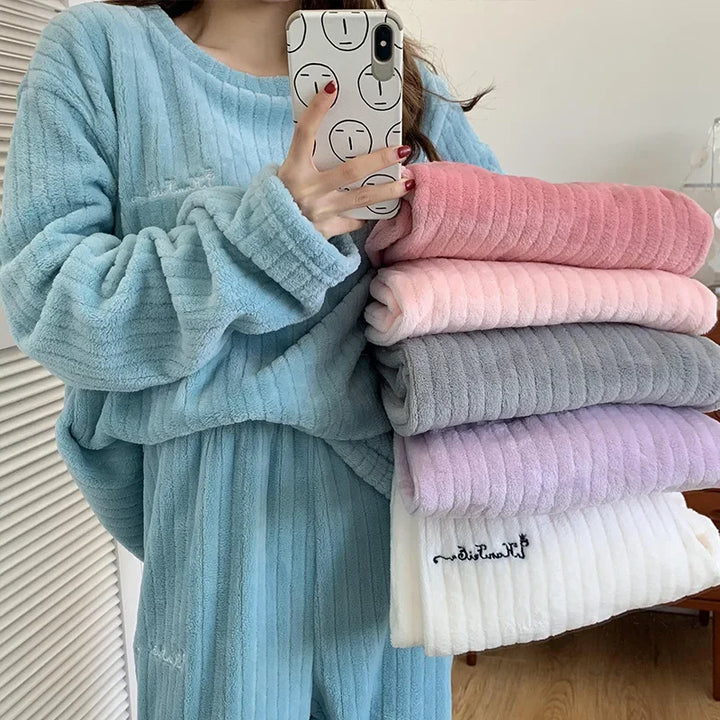 Winter Women Plain Pajama Sets Thickened Sleepwear Set