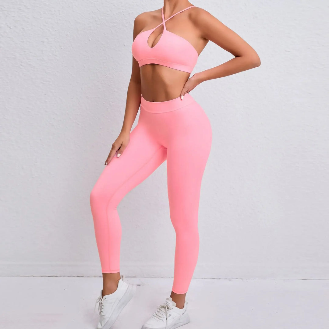 Adoring - Set: Criss Cross Strap Plain Sports Bra + Yoga Pants