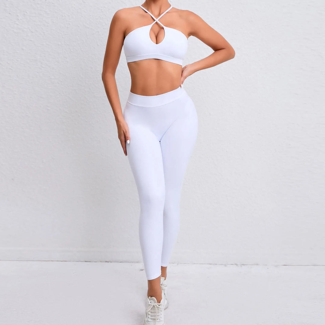 Adoring - Set: Criss Cross Strap Plain Sports Bra + Yoga Pants