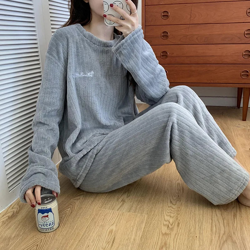 Winter Women Plain Pajama Sets Thickened Sleepwear Set