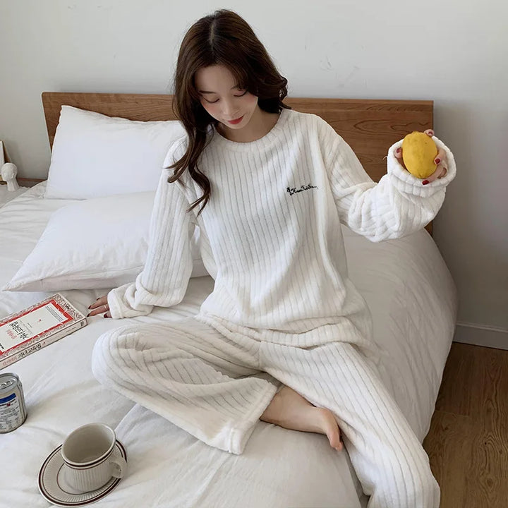 Winter Women Plain Pajama Sets Thickened Sleepwear Set